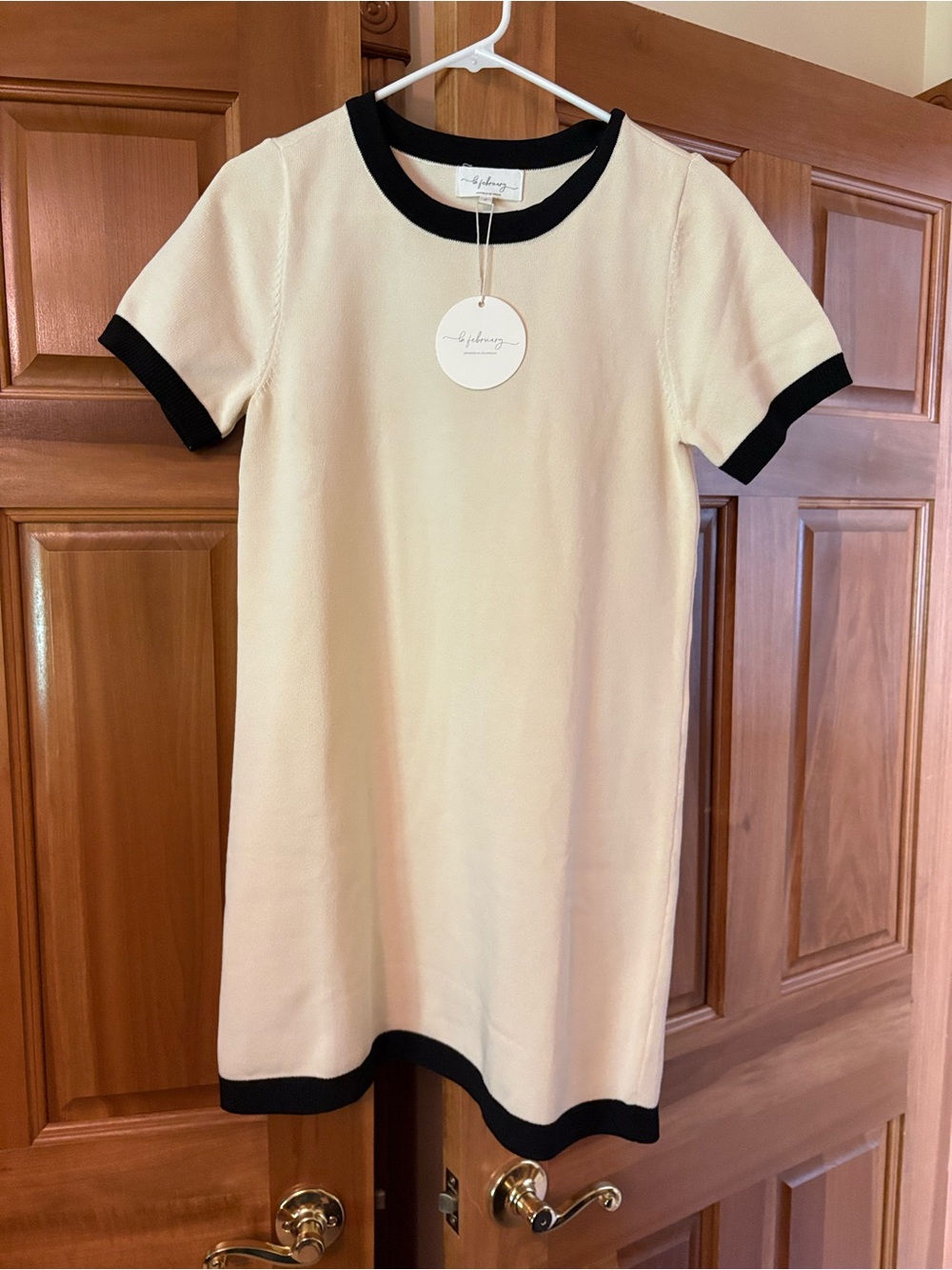 Cream Short Sleeve Mini Sweater Dress with Black Trim